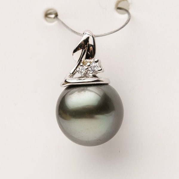 Pendentif perle de Tahiti 10 mm, argent sterling 925, finition rhodium, oxyde de zirconium