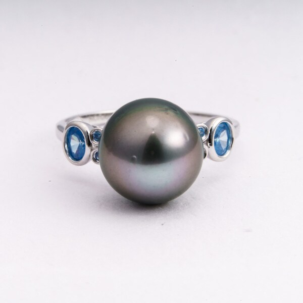 11mm tahitian pearl ring, size 7.5 us, 925 sterling silver with cubic zirconia