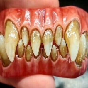 May include: A set of prosthetic dentures featuring a realistic pink gum base and multiple rows of sharp, pointed, yellowed teeth. The design includes prominent, elongated fangs on both the upper and lower sections, creating a jagged, predatory appearance.