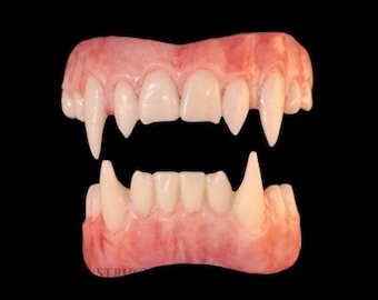 May include: A set of upper and lower dental prosthetics featuring realistic pink gum tissue and off-white teeth. The set includes prominent, pointed canine teeth on both the top and bottom arches, designed to resemble sharp, elongated vampire fangs.