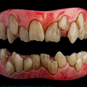 Può includere: Un set di protesi dentarie superiori e inferiori con base gengivale rosa e denti scoloriti, disallineati e appuntiti. L'apparecchio dentale presenta un aspetto usurato con spaziature irregolari e bordi affilati e frastagliati.