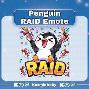 Può includere: Un pinguino dei cartoni animati con un cappello di Babbo Natale rosso e bianco e che tiene una scatola regalo con un fiocco rosso. Il pinguino è circondato da coriandoli e la parola "RAID" in lettere gialle. Il testo "Penguin RAID Emote" è nella parte superiore dell'immagine.