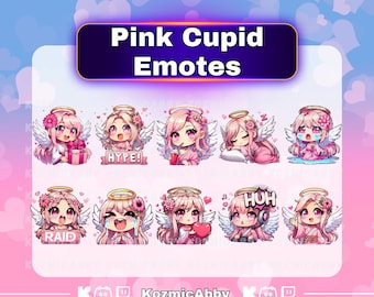 Valentijnsdag roze Chibi-emotes, Twitch Pink Cupid-emote 10-pack, streaming sub-emotes, kick-emotes, onenigheid-emotes, schattige Chibi roze-emotes