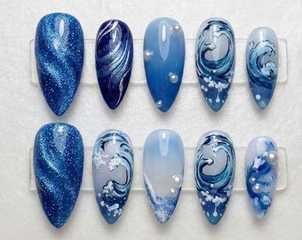 Presse vague océan, ensemble d'ongles oeil de chat bleu, ongles art japonais de la mer, ongles en amande inspirés de sirène