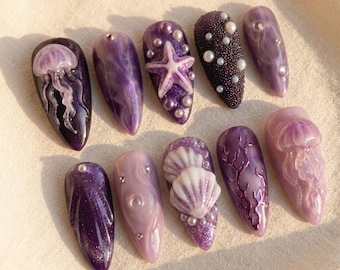 Purple Ocean Press On Nails, Jellyfish Mermaid Nails, 3D Seashell Starfish Nail Set, Fantasy Beach Nails