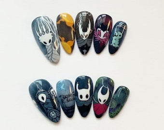 Handmade Dark Fantasy Press On Nails | Shadow Knight, Enchanted Bugs & Fantasy World Design | Long Stiletto Nails For Unique Cosplay Vibe