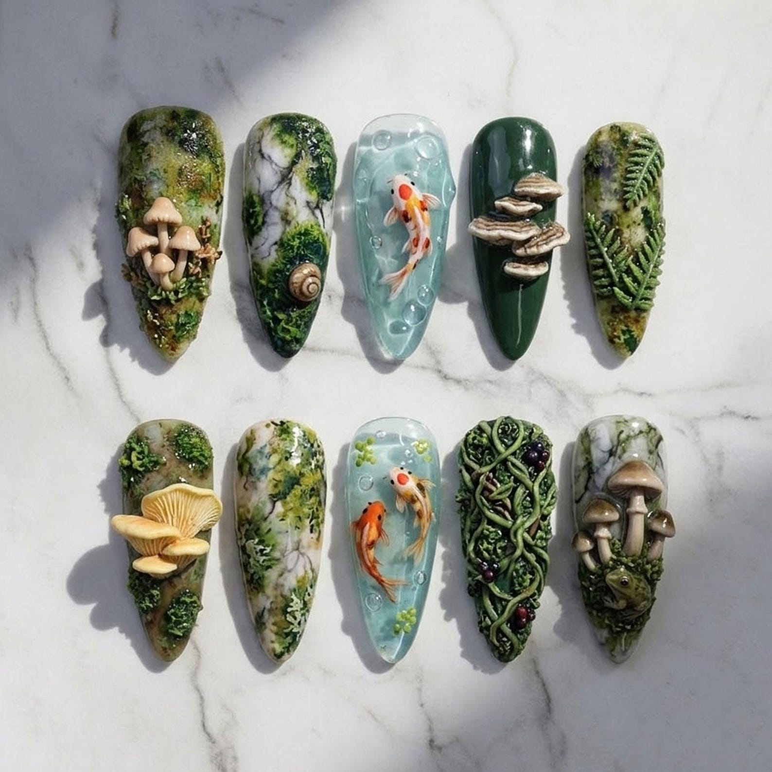 Forest Moss Press On Nails Koi Fish Nature Garden Nails Handmade Reusable Fake Nails Mushroom Moss 3D Nature Nail Art Set