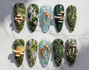 Forest Moss Press On Nails Koi Fish Nature Garden Nails Handmade Reusable Fake Nails Mushroom Moss 3D Nature Nail Art Set