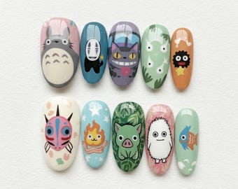 Handmade Kawaii Cartoon Press On Set | Colorful Anime Inspired Fantasy Characters, Pastel Clouds, Stars & Cute Animals | Ghibli Vibe Nails