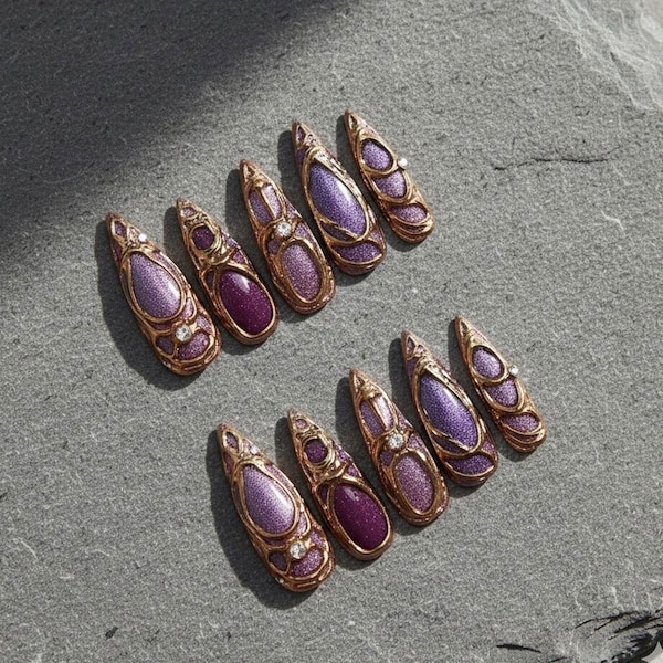 Royal Purple Gold Press On Nails Luxury Ornate 3D Frame Gem Handmade Acrylic Glam Glue On Set
