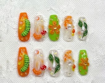 3D Caterpillar Press on Nails, Cute Mushroom Fake Nails, Garden Flora Nails Art, Kawaii 3D Flower Nails