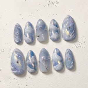 Blue Sky Cloud Press On Nails Glitter Aurora Nails Dreamy Aesthetic Nails Handmade Reusable Soft Girl Nails