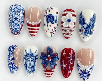 Luxury 4th of July Press On Nails | American Flag Patriotic Nail Set | Red Blue White Pearl Star Nails
