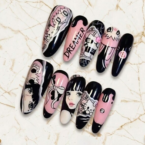 Y2K Anime Press On Nails – Pink Black Goth Cartoon Nails – Edgy Kawaii Nails – Dreamcore Aesthetic – Handmade Nail Set