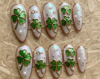 St Patrick’s Day Press On Nails Green Clover Pearl Chrome Luxury Shamrock Irish Holiday Glue On Nails