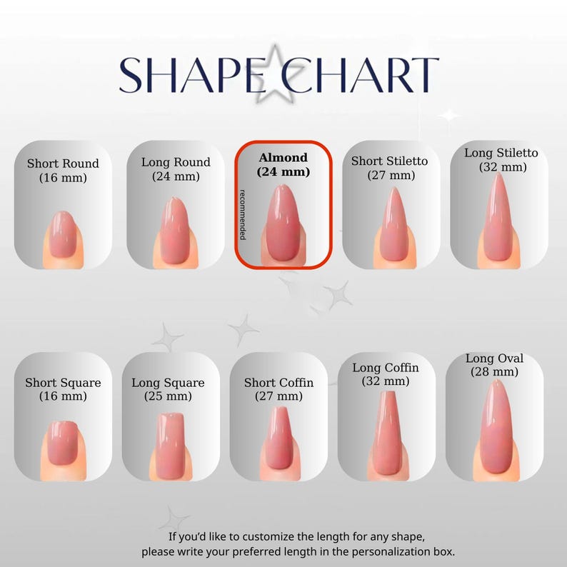 May include: A nail shape chart with various options, including Short Round (16 mm), Long Round (24 mm), Almond (24 mm), Short Stiletto (27 mm), and Long Stiletto (32 mm). The chart also shows Short Square (16 mm), Long Square (25 mm), Short Coffin (27 mm), Long Coffin (32 mm), and Long Oval (28 mm).