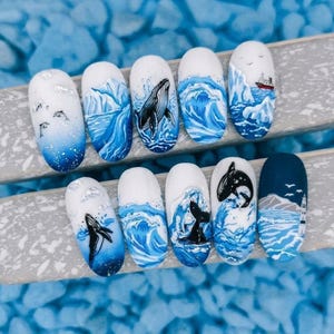 Ocean Wave Press On Nails Whale Sea Art Blue Nails Beach Summer Nails Gel Handmade False Nails Artistic Set