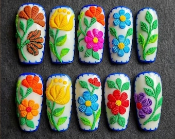 Colorful Folk Art Press On Nails, Embossed Floral Nails, Mexican Inspired Flower Nails, Bright 3D Matte Coffin Set