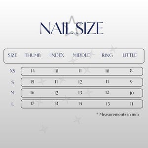 May include: A chart with the text "NAIL SIZE" and a table showing nail sizes XS, S, M, and L. The table lists measurements in millimeters for thumb, index, middle, ring, and little fingers.