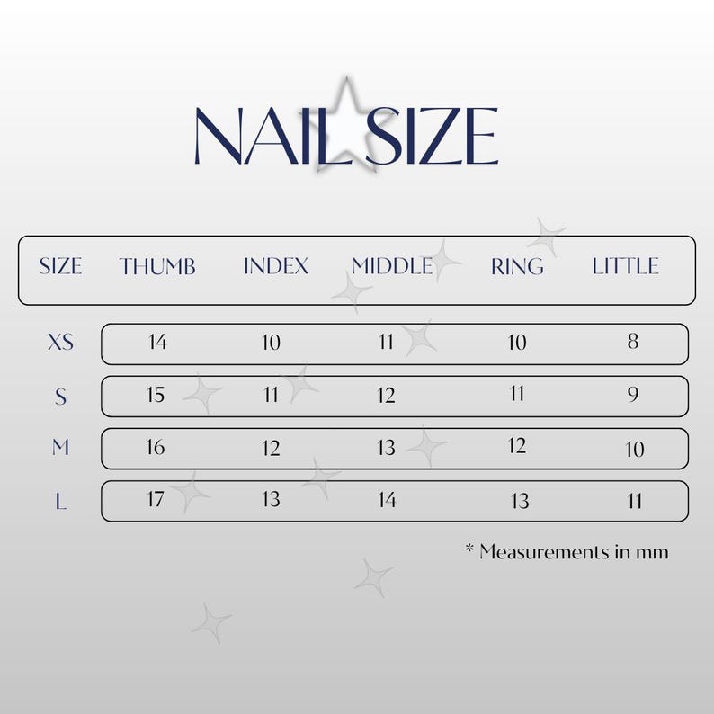 May include: A chart with the text "NAIL SIZE" and a table showing nail sizes XS, S, M, and L. The table lists measurements in millimeters for thumb, index, middle, ring, and little fingers.