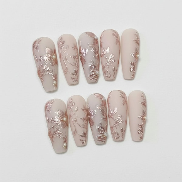 Handmade Nude Floral Press On Nails | Rose Gold Metallic Leaves & Pearl Details | Long Coffin Nails For Wedding Bridal Vibe
