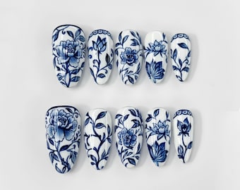 Handmade Floral Blue Porcelain Press On Nails | White Base With Intricate Blue Flowers | Elegant Almond Nails For Vintage Charm