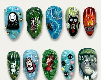 Handmade Studio Ghibli Fantasy Press On Nails | Luxury 3D Totoro, No Face & Haku Art | Whimsical Anime Aesthetic - The Animator’s Archive