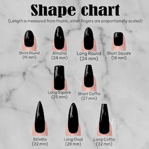 May include: A nail shape chart with black nail polish on a marble background. The chart displays various nail shapes, including Short Round (16 mm), Almond (24 mm), Long Round (24 mm), Short Square (16 mm), Long Square (25 mm), Short Coffin (27 mm), Stiletto (32 mm), Long Oval (28 mm), and Long Coffin (32 mm).
