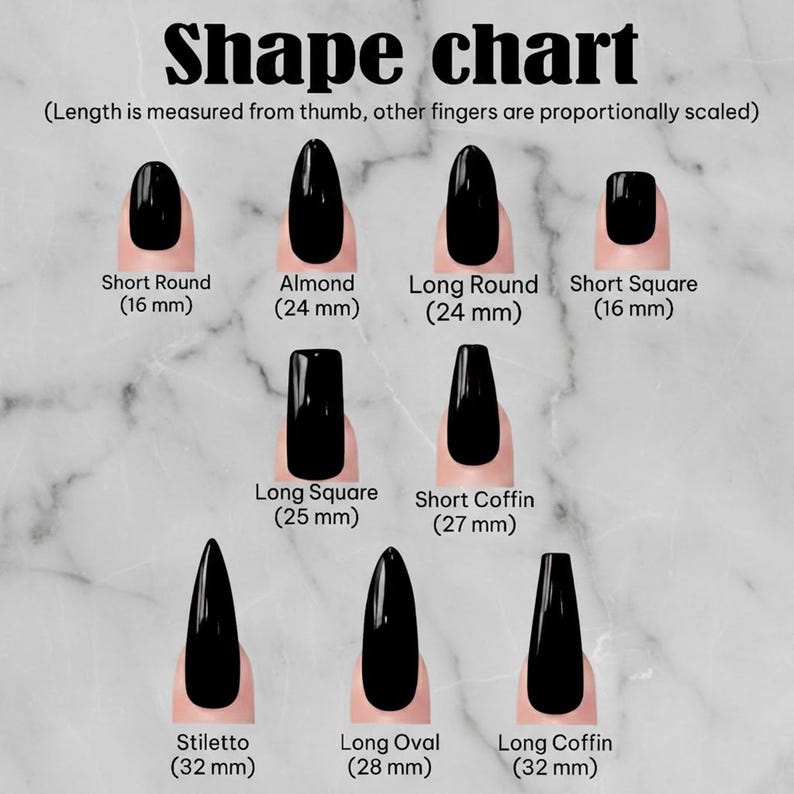 May include: A nail shape chart with black nail polish on a marble background. The chart displays various nail shapes, including Short Round (16 mm), Almond (24 mm), Long Round (24 mm), Short Square (16 mm), Long Square (25 mm), Short Coffin (27 mm), Stiletto (32 mm), Long Oval (28 mm), and Long Coffin (32 mm).
