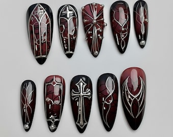 Handmade Gothic Press On Nails | Burgundy, Metallic Cross, Stained Glass Art