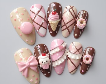 Handmade Dessert Press On Nails, Ice Cream Donut Nail Art
