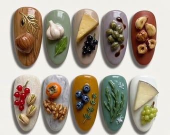 Handmade Foodie Gourmet 3D Sculpted Press On Nails | Luxury Culinary & Charcuterie Art | Unique Food-Core Aesthetic - Cheese, Garlic