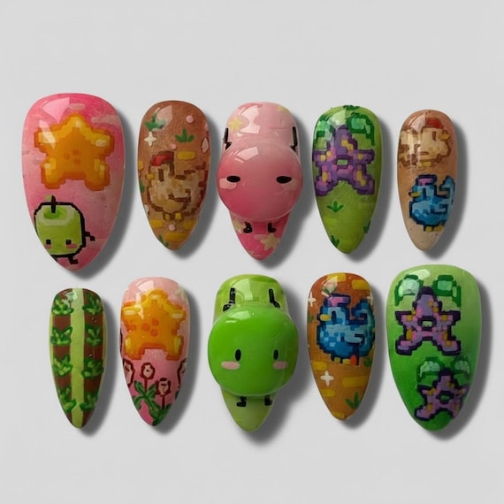 3D Pixel Art Press On Nails | Retro Gamer Pig, Chicken, Kawaii Farm Core