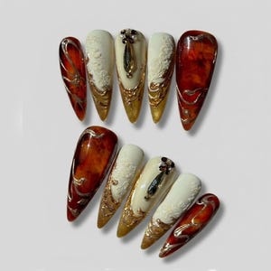 Handmade Amber Tortoise 3D Sculpted Press On Nails | Luxury Baroque Gold & Renaissance Art | Unique Vintage Aesthetic - Gemstone, Lace