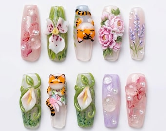Uñas postizas con diseño botánico de tigre hechas a mano / Arte floral 3D esculpido de lujo / Estética zen caprichosa, estilo natural elegante