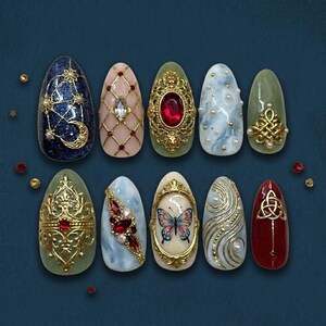 Handmade Royal Alchemy Press On Nails | Luxury 3D Golden Filigree & Ruby Art | Celestial Aesthetic - Butterfly Cameo And Constellation Nails
