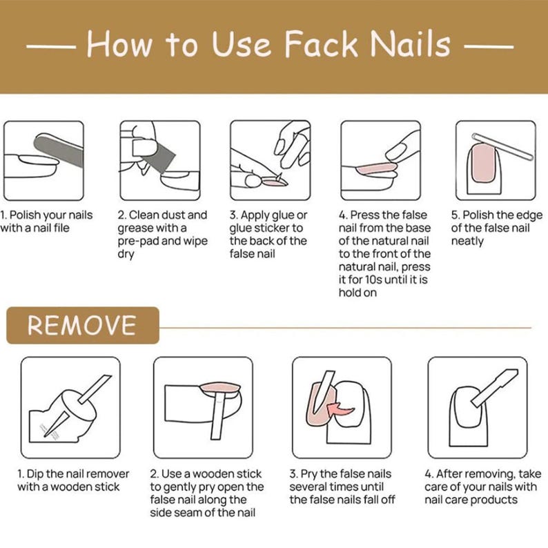 May include: A step-by-step guide on how to apply and remove false nails. The instructions are displayed with illustrations and text, including polishing, cleaning, applying glue, pressing, and removing the nails.