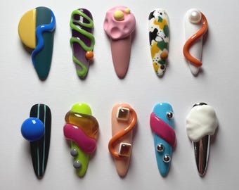 Modern Abstract Press On Nails, 3D Art, Geometric False Nails