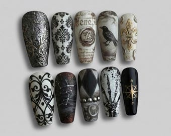 Handmade Raven Manuscript Press On Nails | Dark Academia Gothic Coffin Set