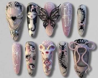 Handmade Dark Coquette 3D Sculpted Press On Nails | Luxury Guuro-Kawaii & Surrealist Art | Unique Gothic Aesthetic - Three-Eyed Lamb