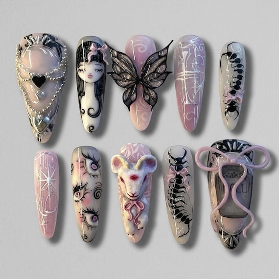 Handmade Dark Coquette 3D Sculpted Press On Nails | Luxury Guuro-Kawaii & Surrealist Art | Unique Gothic Aesthetic - Three-Eyed Lamb