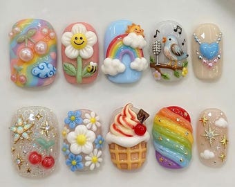 Unghie finte Kawaii Dreamscape fatte a mano / Lussuose decorazioni 3D arcobaleno, gelato e sole / Estetica pastello Harajuku - The Candy Collector