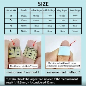 May include: A size chart for nail sizing, with measurements in millimeters for thumb, index, middle, ring, and little fingers. Includes two measurement methods: using a tape measure and using paper. Text reads: "Tips: size should be larger than smaller."
