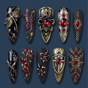 Handmade Royal Gothic Press On Nails | Luxury 3D Sovereign Shield & Dragonfly Art | Dark Nocturne Aesthetic - Ruby Gemstone