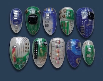 Handmade Cyberpunk Circuit Press On Nails | Luxury 3D Motherboard & Tech Art | Futuristic Sci-Fi Aesthetic - Electric Blue and Neon Green