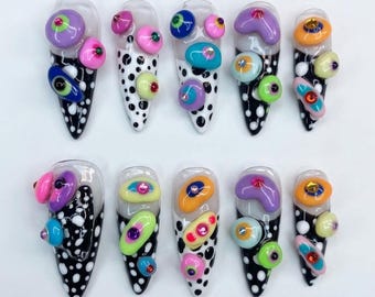 Uñas postizas abstractas de arte pop hechas a mano / Formas neón 3D esculpidas de lujo / Estética moderna vanguardista, estilo colorido y divertido