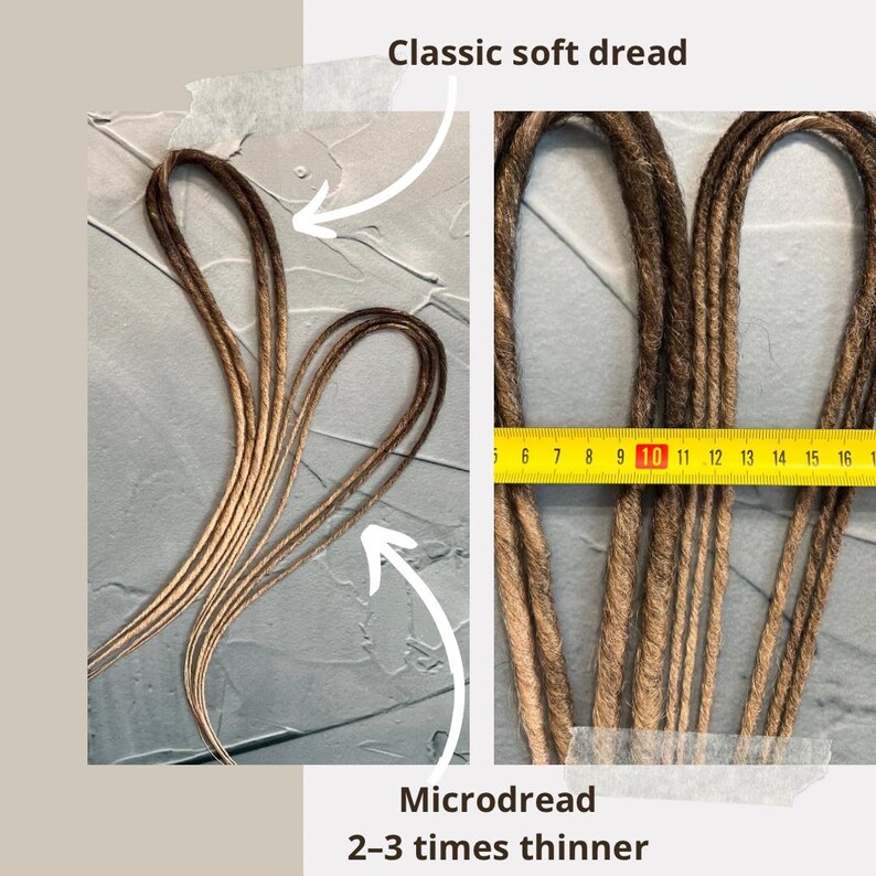May include: Two sets of dreadlocks, one set is labeled "Classic soft dread" and the other is labeled "Microdread 2-3 times thinner". The dreadlocks are brown and blonde and are measured with a ruler. The ruler shows that the classic dreadlocks are about 1 inch thick and the micro dreadlocks are about 1/3 inch thick.