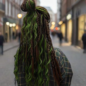 Brown textured crochet dreadlocks, khaki fishtail braid, dread with natural green curls, forest mix set of dreads & braids, viking extension