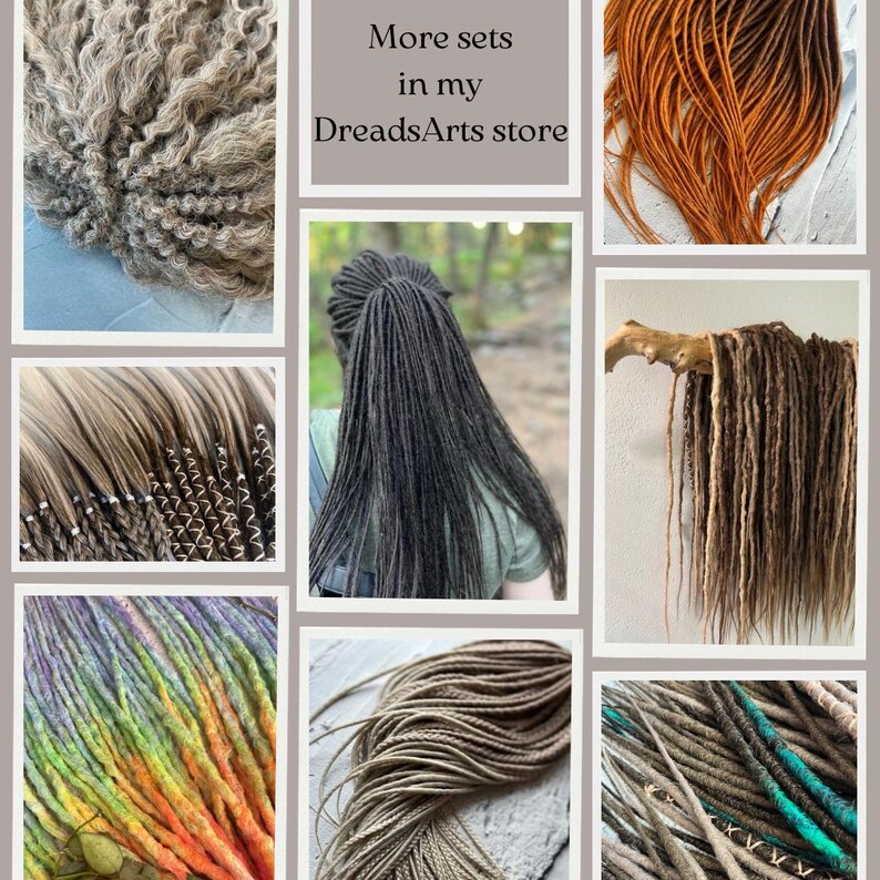 May include: A collage of images showcasing various styles of synthetic dreadlocks. The images include close-ups of the dreadlocks, as well as a person wearing dreadlocks. The text "More sets in my DreadsArts store" is visible in the top center of the image.