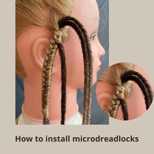 May include: A close-up of a person's hair with micro dreadlocks being installed. The dreadlocks are brown and blonde and are being braided together. The image shows the process of installing micro dreadlocks.